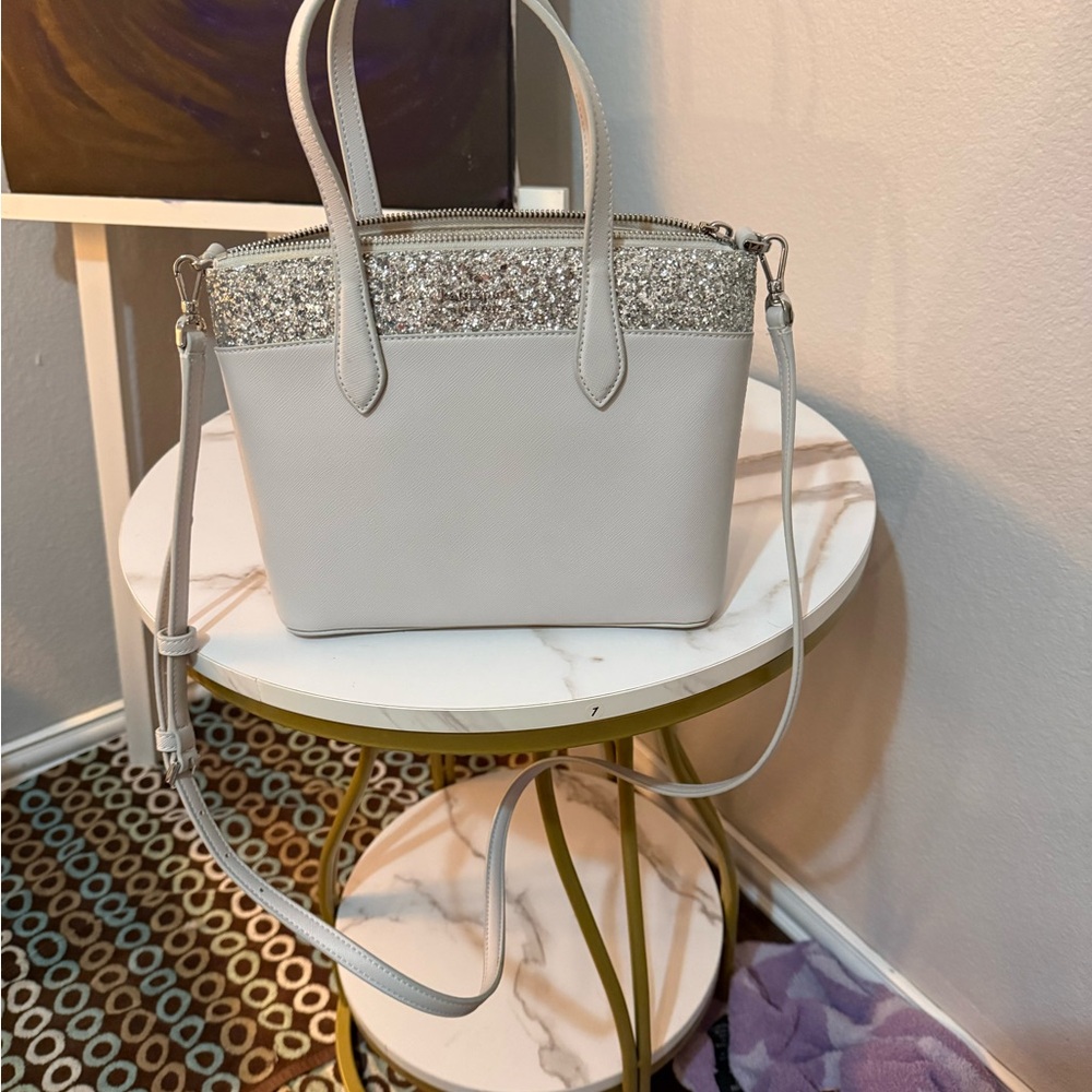 Kate Spade Light Gray w/handles and optional cross body strap Silver Glitter